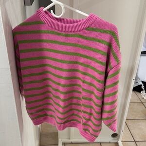 Zara Pink & Green Striped Crewneck Sweater
